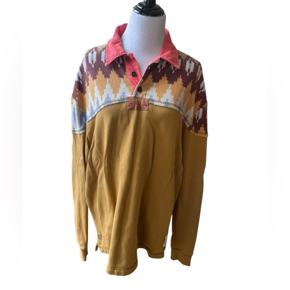 BDG Western Aztec Polo Shirt Men’s Medium Multicolor Casual Long Sleeve Cotton